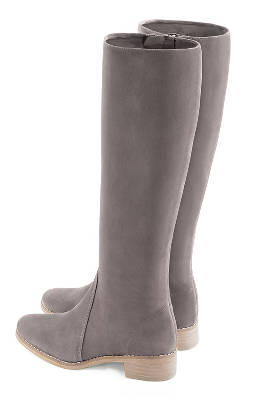 Bronze beige women's riding knee-high boots. Round toe. Low leather soles. Made to measure. Rear view - Florence KOOIJMAN